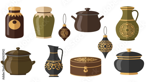 Collection of vintage kitchenware and decorative ornaments in earth tones