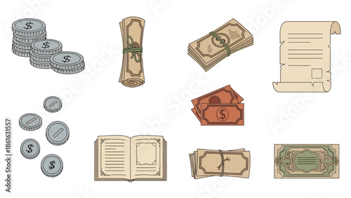 Diverse collection of currency and financial objects in linear style on white background