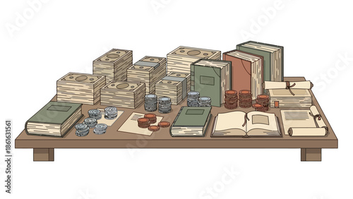 Classic study desk: books and coins on wood table