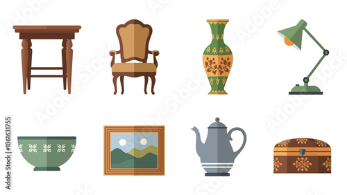 Retro home décor: vintage furniture and accessories featuring flat design