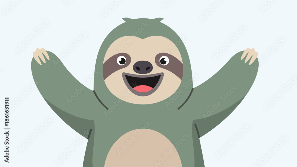 Obraz premium Cheerful cartoon sloth with light green body and beige face, outstretched arms, on light gray background