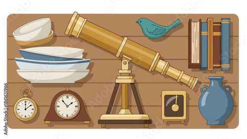 Vintage nautical artifacts and telescope on wooden shelf in flat design