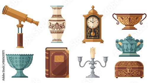 Elegant set of vintage antiques featuring clocks, vases, and candlesticks in detailed flat design