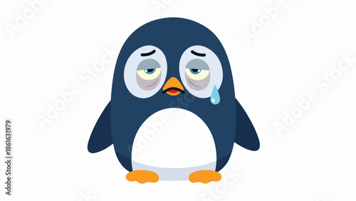 Animated penguin with tear falling from eye, standing on bright orange feet, dark blue body, white belly, light blue eyes, neutral background