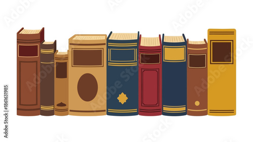 Vintage book collection in retro style display on white background