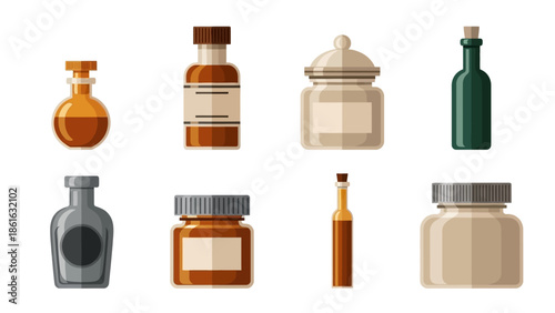 Collection of vintage glass bottles and jars in flat design on white background