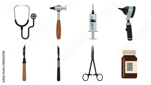 Medical tools set: stethoscope, hammer, syringe, otoscope, scalpel, scissors, medicine bottle icons