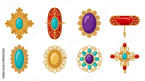 Vintage jewelry collection with ornate brooch designs in flat style