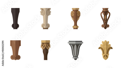 Collection of ornate wooden and metallic table leg designs on white background