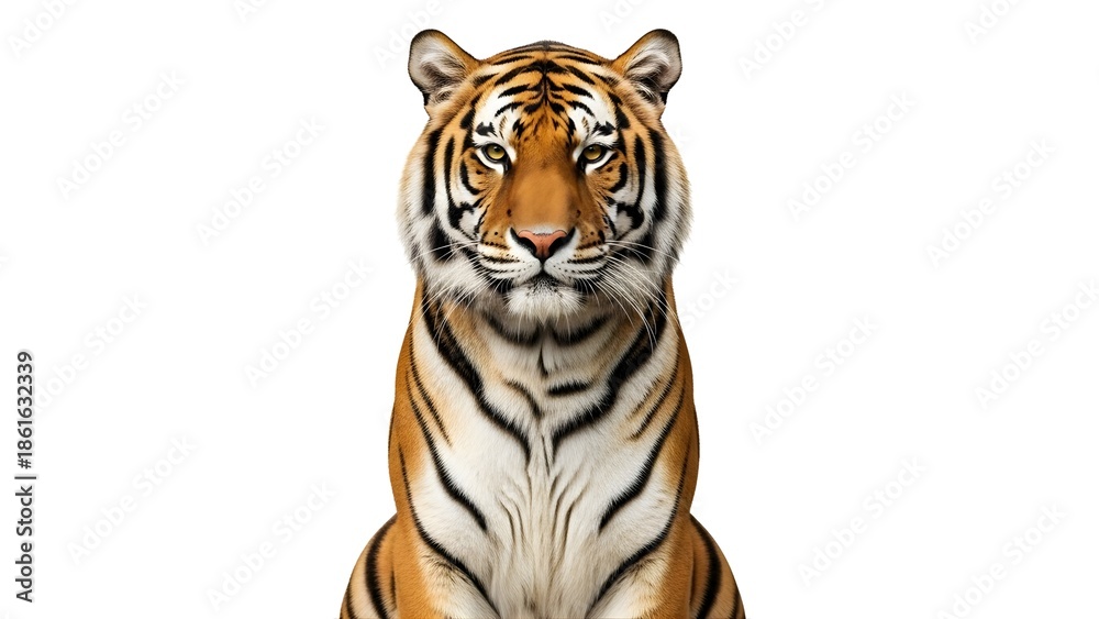 Obraz premium A majestic tiger sitting upright with striking orange and black stripes on a white background on transparent background