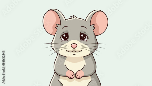 Minimalist cartoon illustration of a friendly mouse with pink ears and dark brown eyes