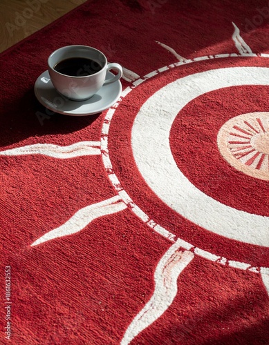 Coffee Cup on Abstract Red Carpet Pattern with Copy Space