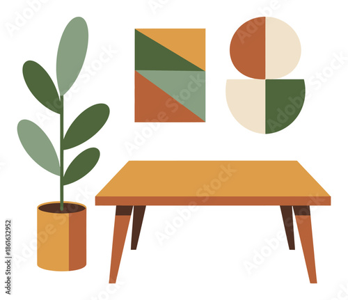A minimalist interior scene with a table, plant, and abstract art.