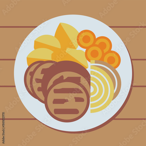 A plate of food with sausages, potatoes, carrots, and onions rests on a wooden surface.