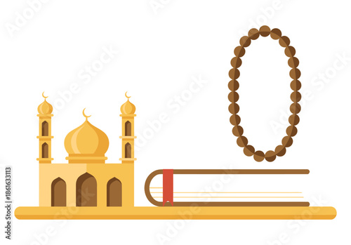 Islamic cultural elements including a mosque, Quran, and prayer beads are displayed.