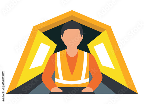 Worker in high-visibility vest stands at the entrance of a construction site.