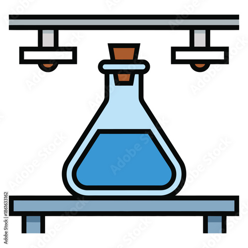 A laboratory flask filled with blue liquid sits on a stand under a scientific apparatus.