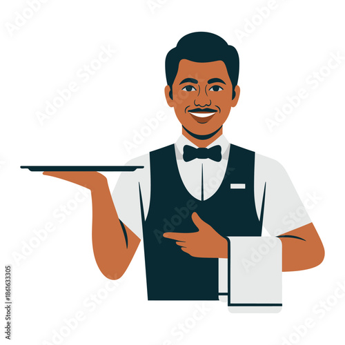 A smiling waiter holds a tray and a towel, ready to serve guests.