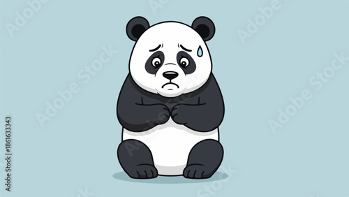 Animated panda with sad expression sitting on light blue background