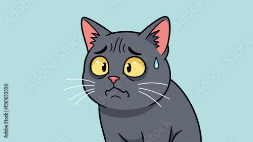 Illustration of a gray cat with yellow eyes and a tear on a light blue background