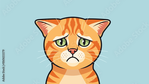 Close-up portrait of an orange tabby cat with green eyes and a disgruntled expression