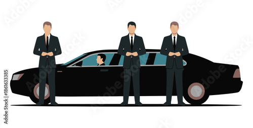 Three security guards stand protectively next to a limousine carrying a passenger.
