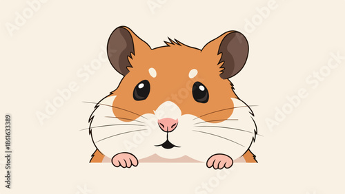 Charming hamster illustration with soft brown and white fur, black eyes, and pink nose peeking over a light brown ledge on a beige background