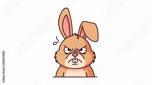 Angry cartoon rabbit with expressive face and long ears on beige background