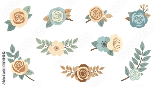 Vintage floral elements with pastel roses and leaves for elegant design