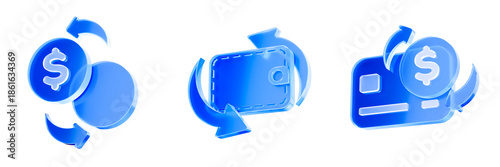 Fotografie Set 3D Glass currency exchange and money transfer icon isolated on transparent background, concept of financial banking and wallet transaction