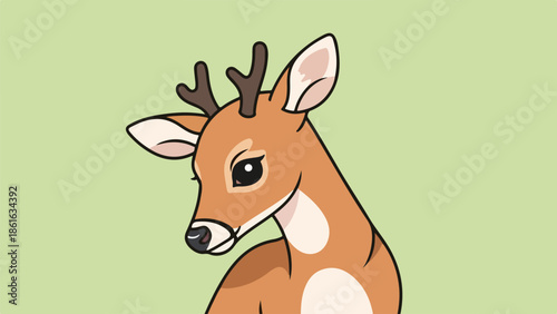 Illustration of a deer with brown fur and pink inner ears on a light green background