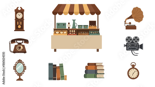 Vintage market collection with antique items and classic gadgets