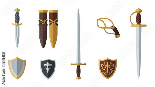 Medieval weapons and shields: flat style swords, daggers, and shields collection