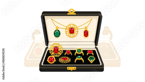 Elegant jewelry set in an open box with gold and gemstones