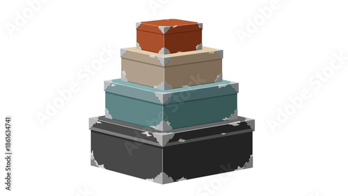 Stack of colorful worn boxes with vintage charm