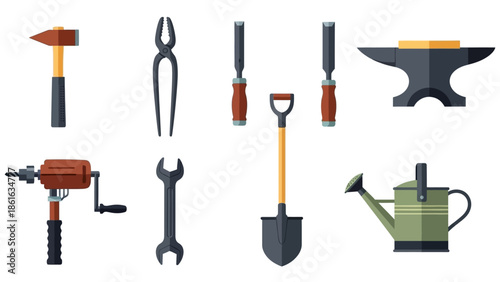 Flat design set of hand tools and gardening equipment on transparent background
