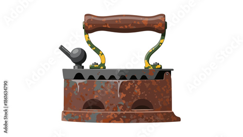 Vintage iron with rusty patina and wooden handle on white background