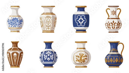 Elegant ceramic vases collection on white background with detailed patterns