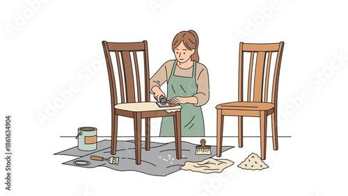 Woman restoring wooden chair in minimalist workshop setting