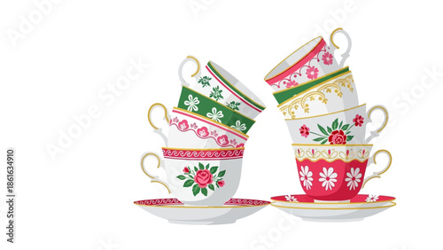 Colorful stacked teacups with floral patterns and vintage charm