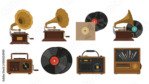 Retro music collection: vinyl records and vintage players