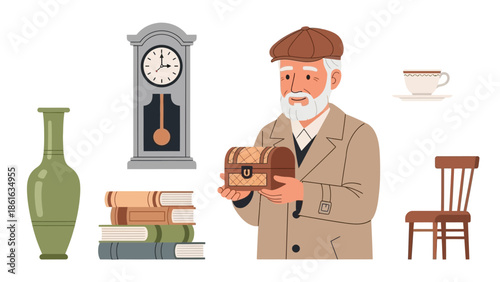 Elderly man holding a treasure chest surrounded by vintage objects in flat style