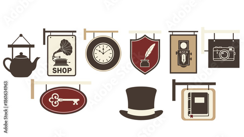 Vintage shop signs with retro icons featuring tea pot, clock, camera, and hat in flat design style
