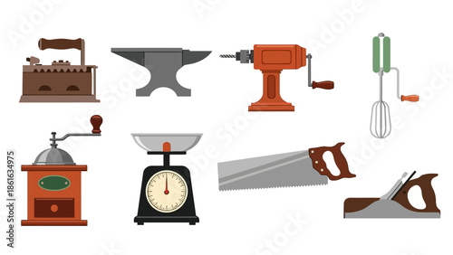 Vintage tools collection: hand drill, saw, iron, anvil, coffee grinder, vintage mixer, hand plane, scale