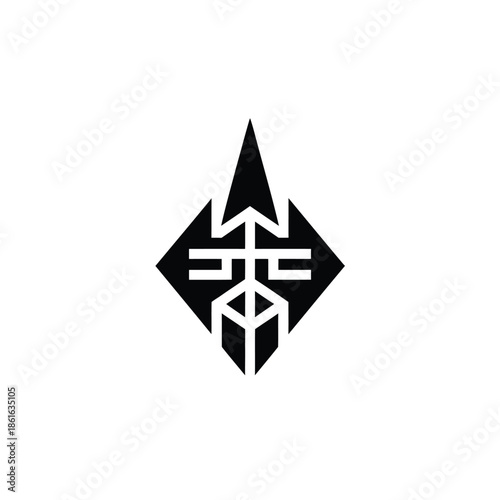 A striking black geometric logo featuring a diamond shape with internal details