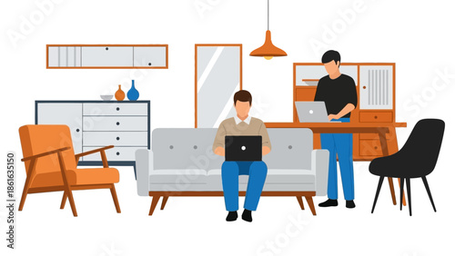 Collaborative remote work in a modern living room with stylish furniture and technology