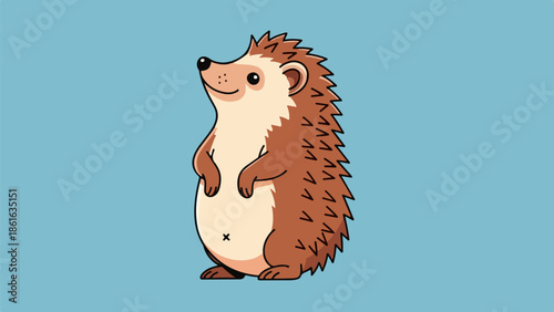 Friendly illustrated hedgehog standing upright with front paws crossed on blue background