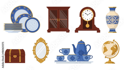 Elegant retro home decor collection with vintage clock and porcelain dishes