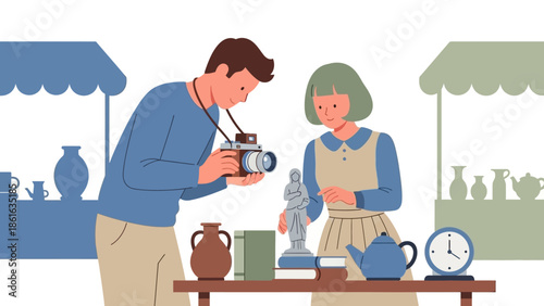 People exploring antiques market: capturing vintage finds and elegance