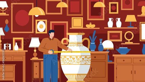 Man measuring giant vase in art deco room with frames and decor